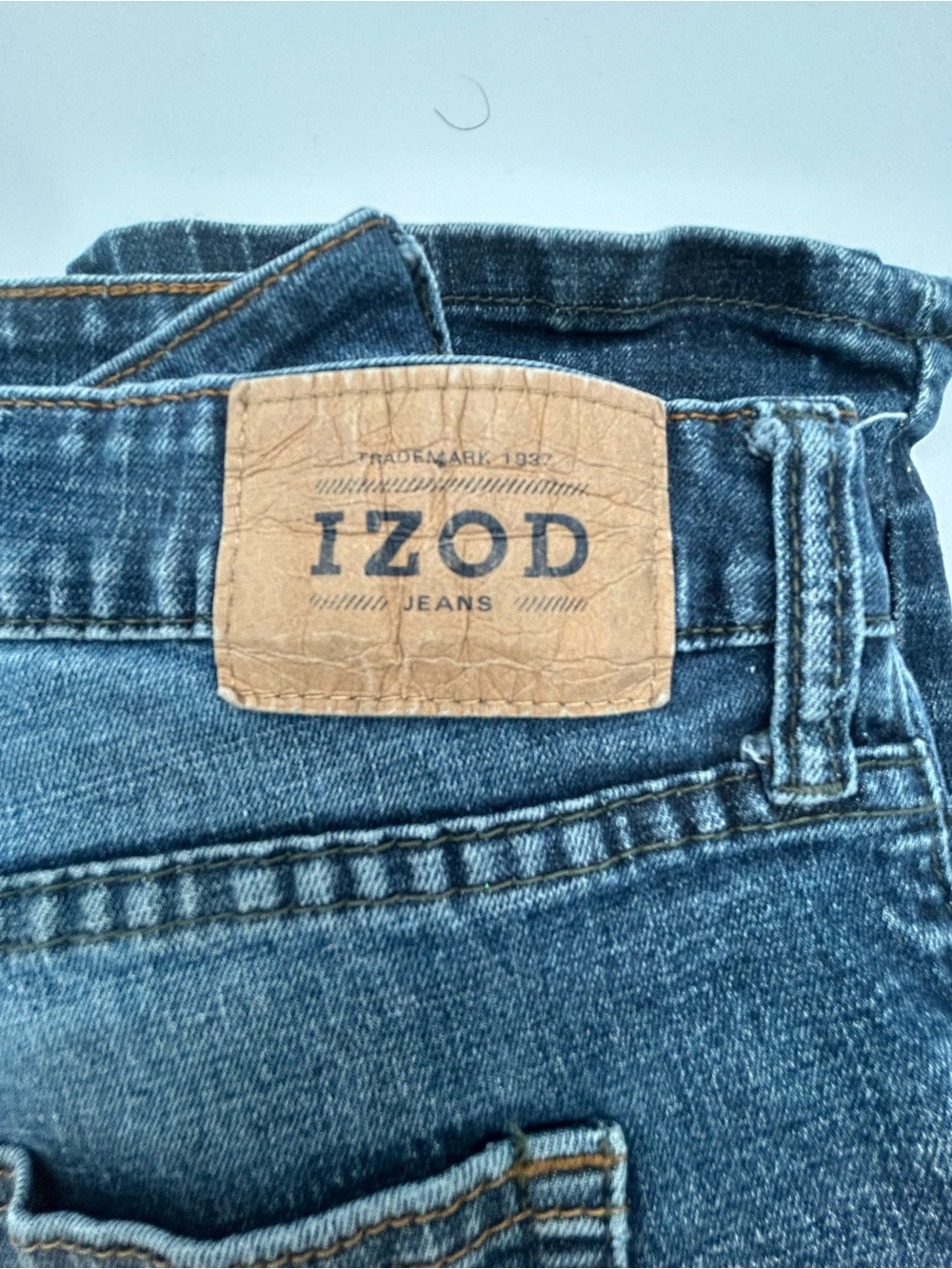Izod Straight Leg Dark Blue Denim Jeans with Tan Leather Patch